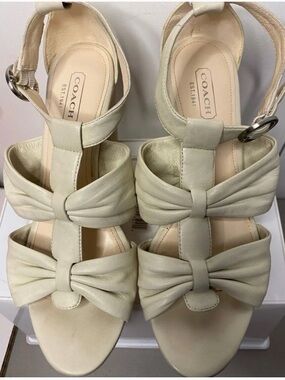 COACH Cream Bow T-Strap Leather Sandals